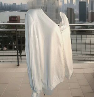 Lightweight White Dressy Button Down Fine Knit Cardigan Sheer Pleated Sleeves XL